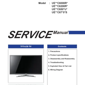 Samsung ue32c6000 ue55c6000 series service manual cover with photo of the television, model type and code and manual contents
