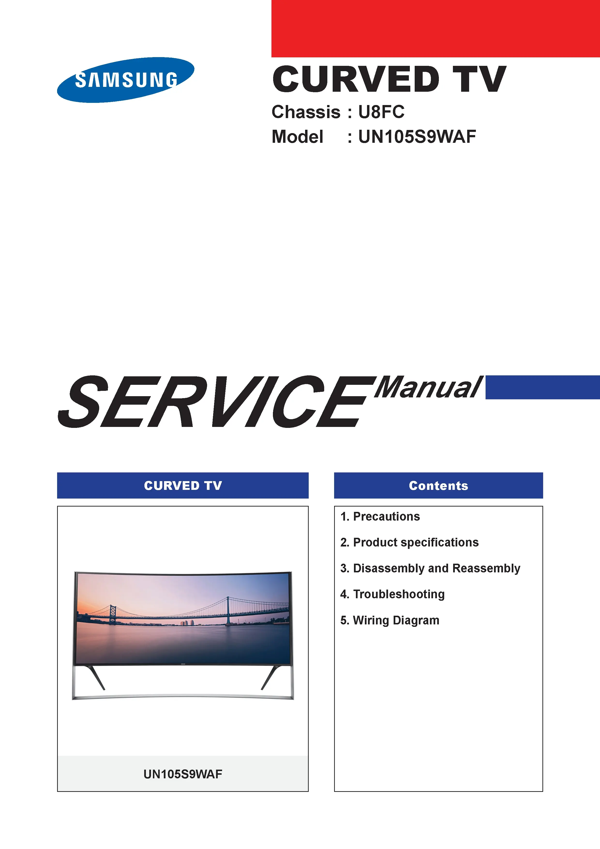 Samsung un105s9 un105s9waf un105s9wafxza service manual cover with photo of the television, model type and code and manual contents