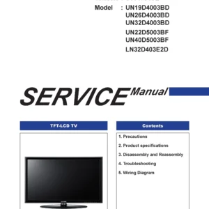Samsung un22d5003bf un40d5003bf service manual cover with photo of the television, model type and code and manual contents