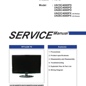 Samsung un26c4000pd un22c4000pd un19c4000pd service manual cover with photo of the television, model type and code and manual contents