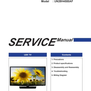 Samsung un28h4500 un28h4500af un28h4500afxza service manual cover with photo of the television, model type and code and manual contents