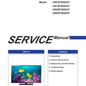 Samsung un29f4000 un29f4000af un29f4000afxza service manual cover with photo of the television, model type and code and manual contents
