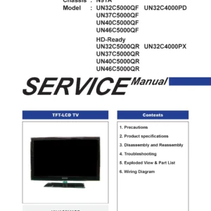 Samsung un32c4000 un32c4000pd service manual cover with photo of the television, model type and code and manual contents