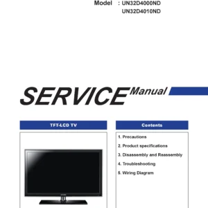 Samsung un32d4000nd un32d4010nd service manual cover with photo of the television, model type and code and manual contents