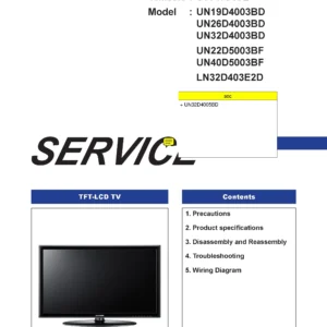 Samsung un32d4005 un32d4005bd service manual cover with photo of the television, model type and code and manual contents