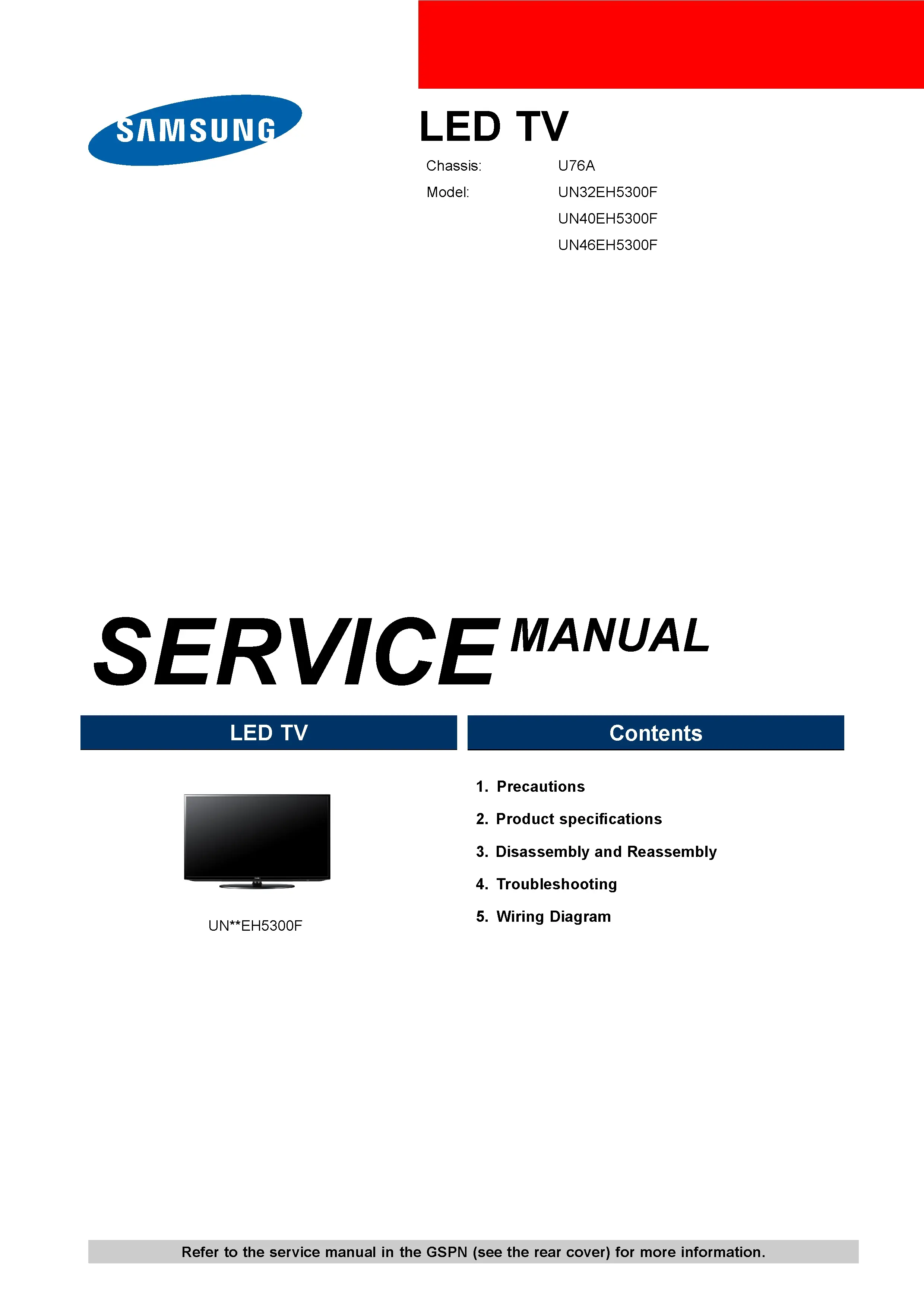 Samsung un32eh5300f un42eh5300f un46eh5300f service manual cover with photo of the television, model type and code and manual contents