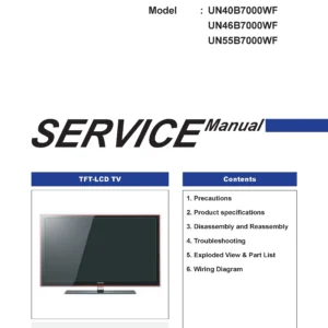 Samsung un40b7000wf un46b7000wf un55b7000wf service manual cover with photo of the television, model type and code and manual contents