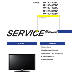 Samsung un40d5005 un40d5005bf service manual cover with photo of the television, model type and code and manual contents