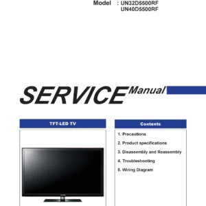 Samsung un40d5500rf service manual cover with photo of the television, model type and code and manual contents