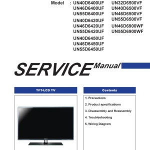Samsung un40d6450uf un46d6450uf un55d6450uf service manual cover with photo of the television, model type and code and manual contents
