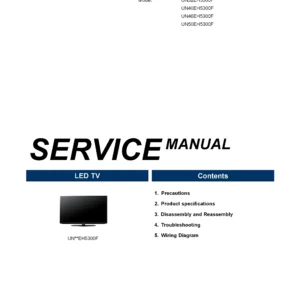 Samsung un40eh5300f service manual cover with photo of the television, model type and code and manual contents