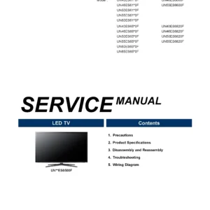 Samsung un40es6500 un40es6500f service manual cover with photo of the television, model type and code and manual contents