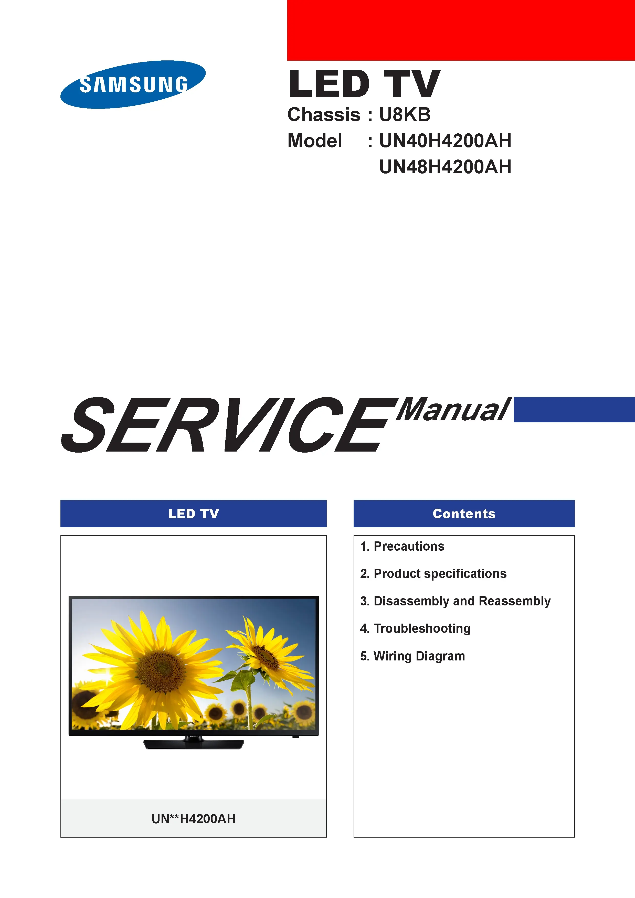 Samsung un40h4200 un40h4200ah un40h4200ahxpa service manual cover with photo of the television, model type and code and manual contents