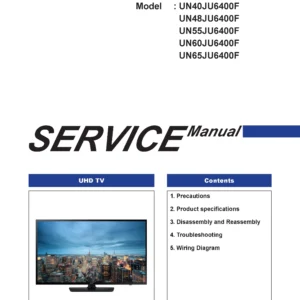 Samsung un40ju6400f un48ju6400f un55ju6400f un60ju6400f un65ju6400f service manual cover with photo of the television, model type and code and manual contents