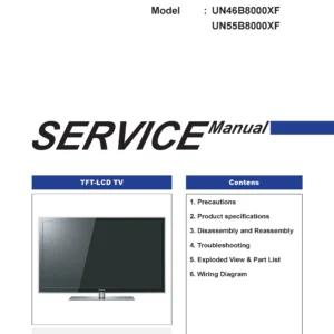 Samsung un46b8000xf un55b8000xfx service manual cover with photo of the television, model type and code and manual contents