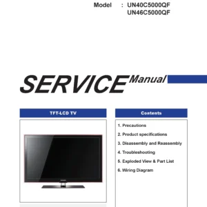 Samsung un46c5000qf un40c5000qf service manual cover with photo of the television, model type and code and manual contents