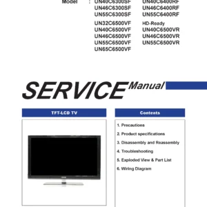 Samsung un46c6500vf un40c6500vf un32c6500vf service manual cover with photo of the television, model type and code and manual contents
