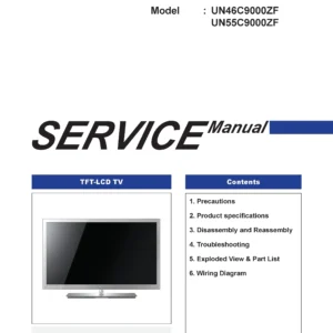 Samsung un46c9000 un46c9000zv service manual cover with photo of the television, model type and code and manual contents