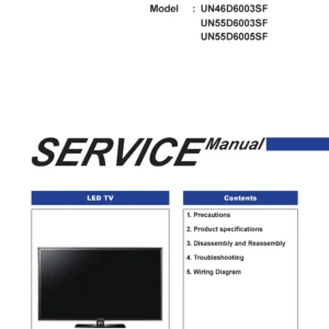 Samsung un46d6003sf un55d6003sf un55d6005sf service manual cover with photo of the television, model type and code and manual contents