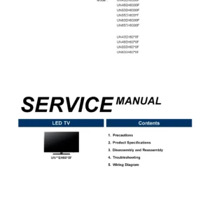 Samsung un46eh6000 un46eh6000f service manual cover with photo of the television, model type and code and manual contents