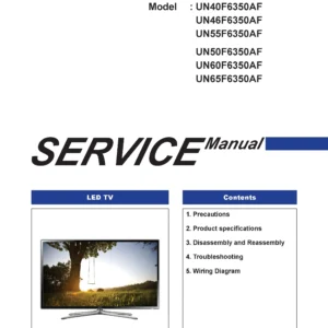 Samsung un46f6350 un46f6350af un46f6350afxza service manual cover with photo of the television, model type and code and manual contents