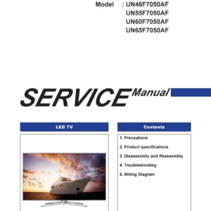 Samsung un46f7050 un46f7050af un46f7050afxza service manual cover with photo of the television, model type and code and manual contents