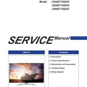 Samsung un46f7450 un46f7450af un46f7450afxza service manual cover with photo of the television, model type and code and manual contents