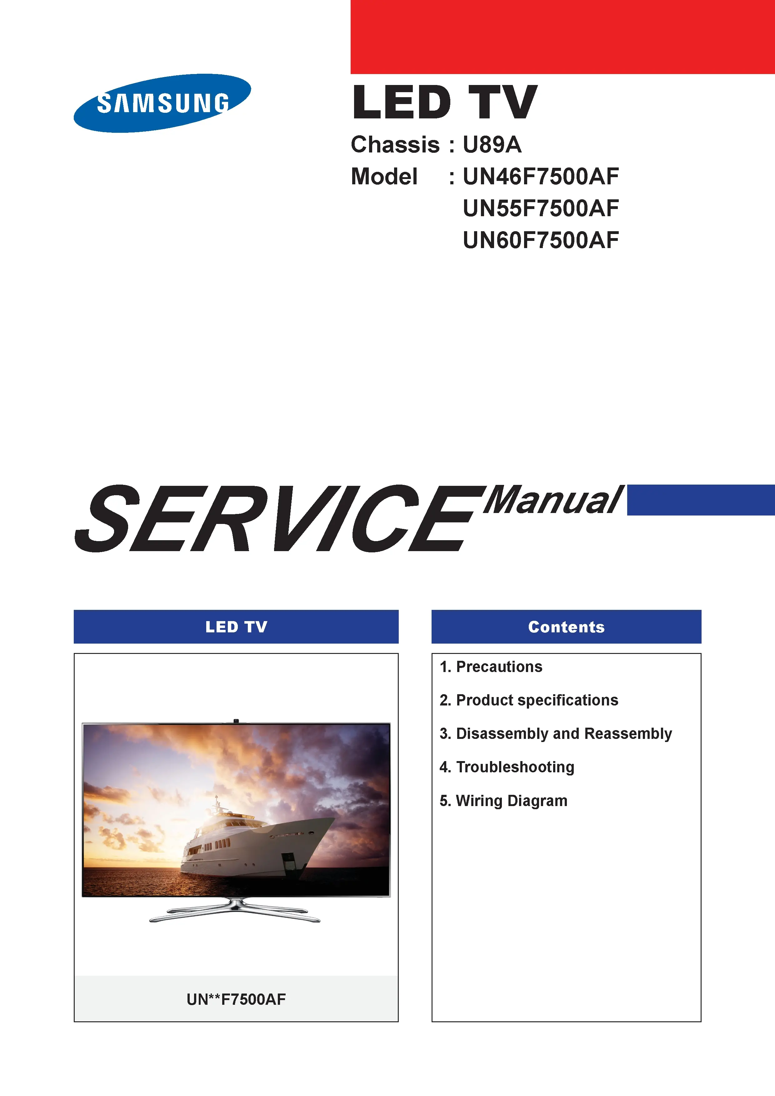 Samsung un46f7500 un46f7500af un46f7500afxza service manual cover with photo of the television, model type and code and manual contents