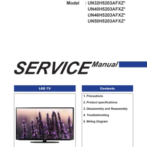 Samsung un46h5203 un46h5203af un46h5203afxz service manual cover with photo of the television, model type and code and manual contents