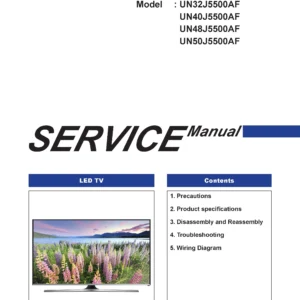 Samsung un48j5500 un48j5500af un48j5500afxza service manual cover with photo of the television, model type and code and manual contents