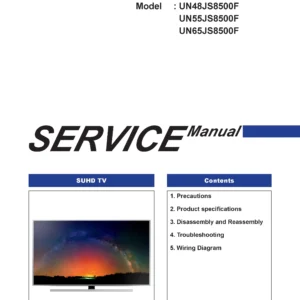 Samsung un48js8500 un48js8500f un48js8500fxza service manual cover with photo of the television, model type and code and manual contents