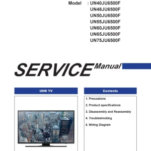 Samsung un48ju6500 un48ju6500f un48ju6500fxza service manual cover with photo of the television, model type and code and manual contents