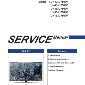 Samsung un48ju750 un48ju750df un48ju750dfxza service manual cover with photo of the television, model type and code and manual contents