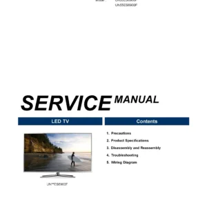 Samsung un50es6900f service manual cover with photo of the television, model type and code and manual contents