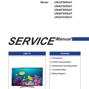 Samsung un50f5500 un50f5500af un50f5500afxza service manual cover with photo of the television, model type and code and manual contents