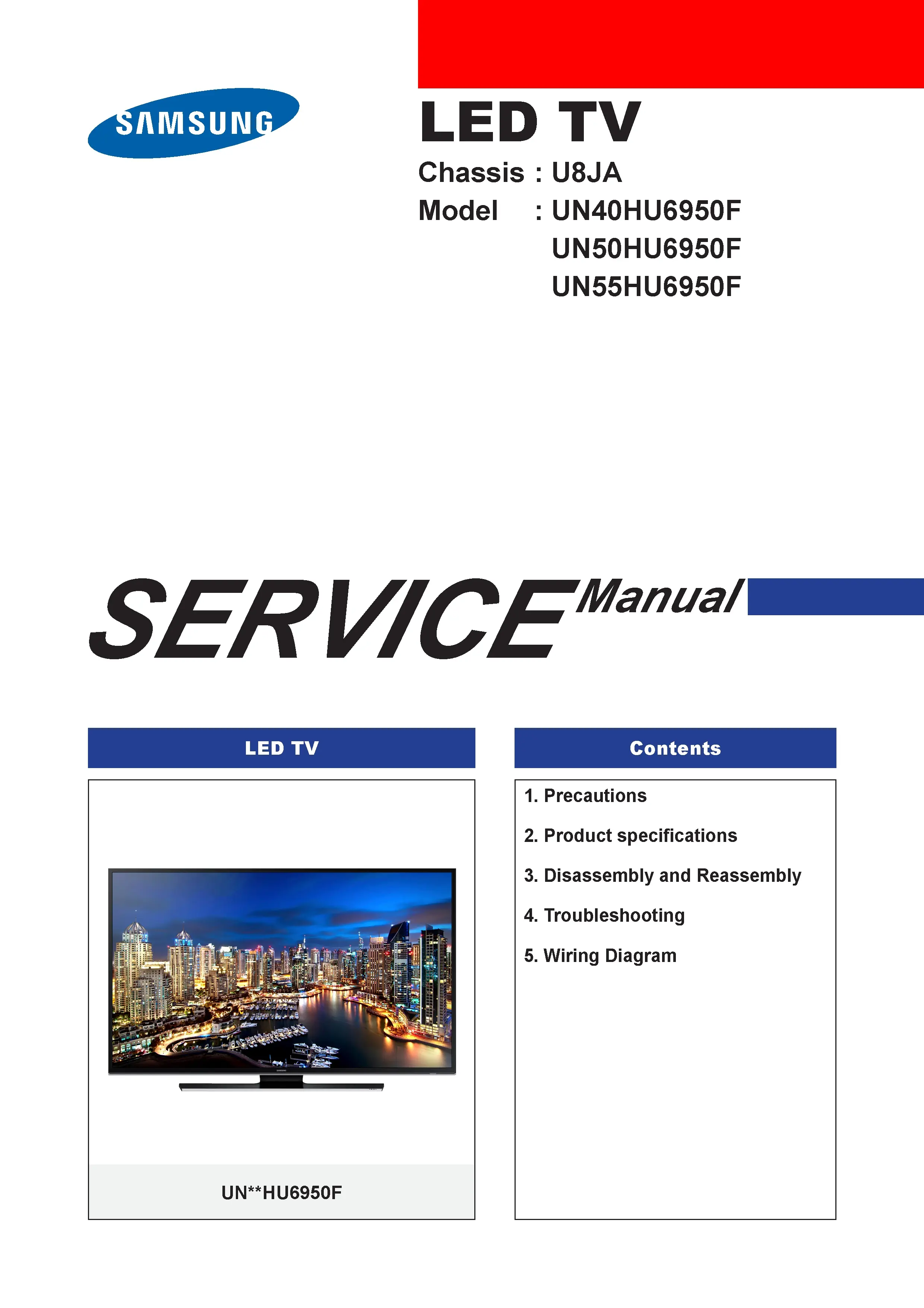 Samsung un50hu6950 un50hu6950f un50hu6950fxza service manual cover with photo of the television, model type and code and manual contents