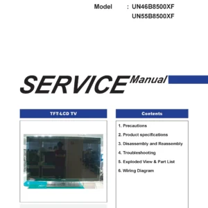 Samsung un55b8500xf un46b8500xf service manual cover with photo of the television, model type and code and manual contents
