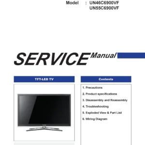 Samsung un55c6900 un55c6900vf un46c6900 un46c6900vf service manual cover with photo of the television, model type and code and manual contents