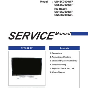 Samsung un55c7000 un55c7000wf un46c7000 un46c7000wf service manual cover with photo of the television, model type and code and manual contents