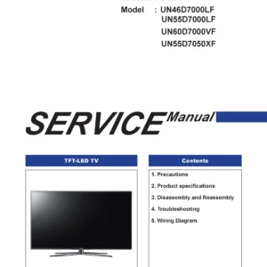 Samsung un55d7050xf service manual cover with photo of the television, model type and code and manual contents