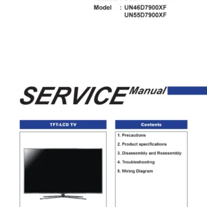 Samsung un55d7900xf un46d7900xf service manual cover with photo of the television, model type and code and manual contents