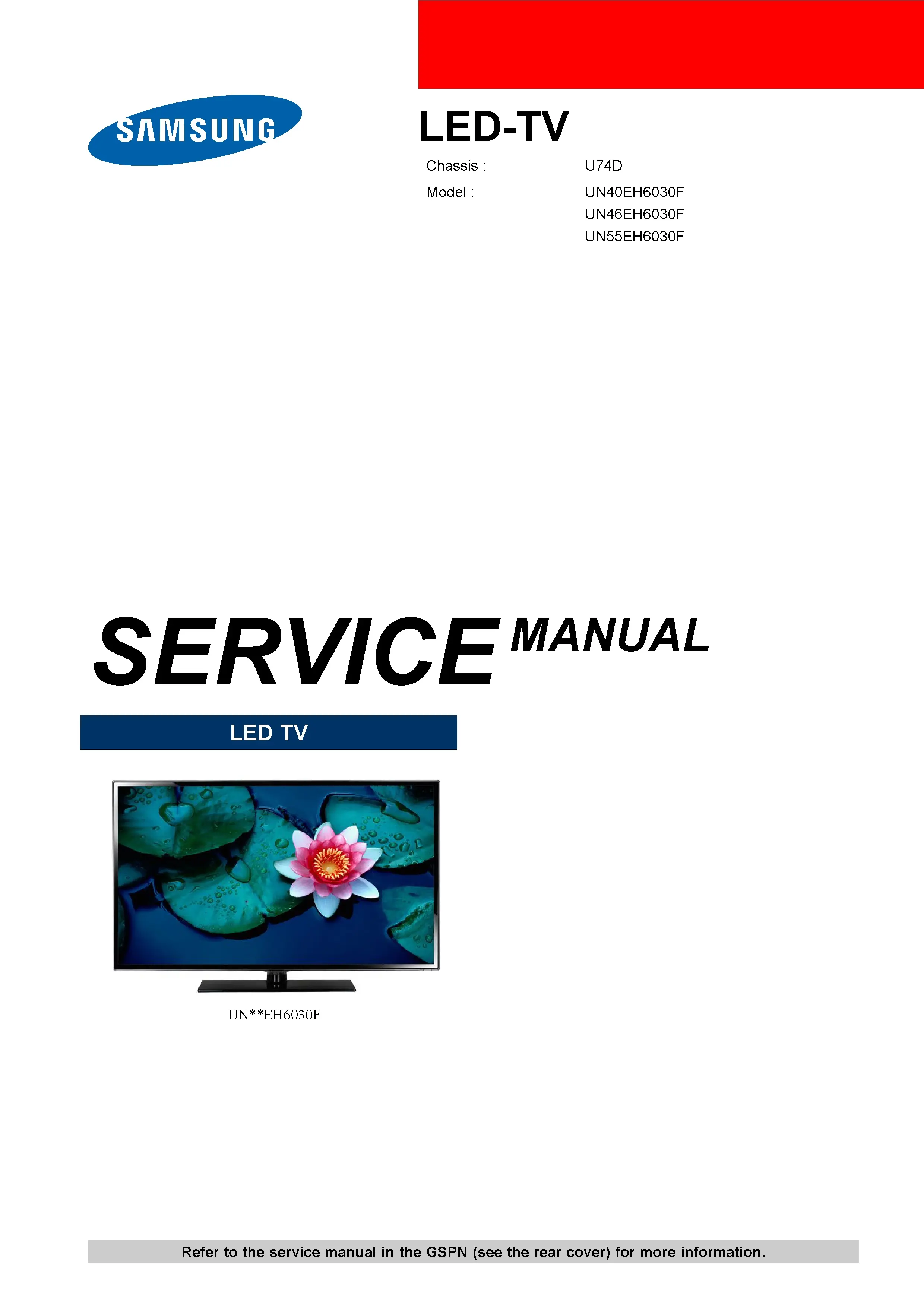 Samsung un55eh6030 un55eh6030f service manual cover with photo of the television, model type and code and manual contents