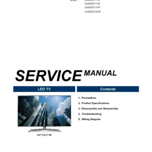 Samsung un55es7003f service manual cover with photo of the television, model type and code and manual contents