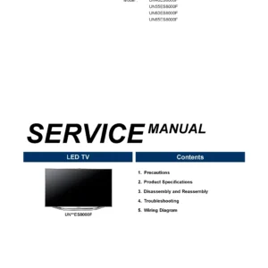 Samsung un55es8000f un46es8000f service manual cover with photo of the television, model type and code and manual contents