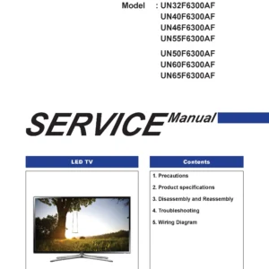 Samsung un55f6300 un55f6300af un55f6300afxza service manual cover with photo of the television, model type and code and manual contents