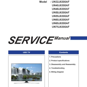 Samsung un55j6300 un55j6300af un55j6300afxza service manual cover with photo of the television, model type and code and manual contents