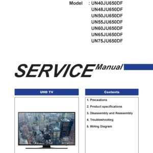 Samsung un55ju650 un55ju650df un55ju650dfxza service manual cover with photo of the television, model type and code and manual contents