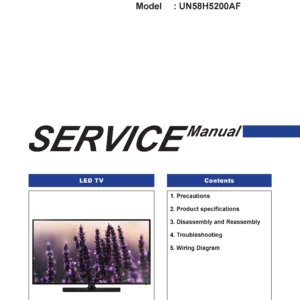 Samsung un58h5200 un58h5200af un58h5200afxz service manual cover with photo of the television, model type and code and manual contents