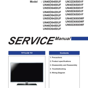 Samsung un60d6500vf service manual cover with photo of the television, model type and code and manual contents