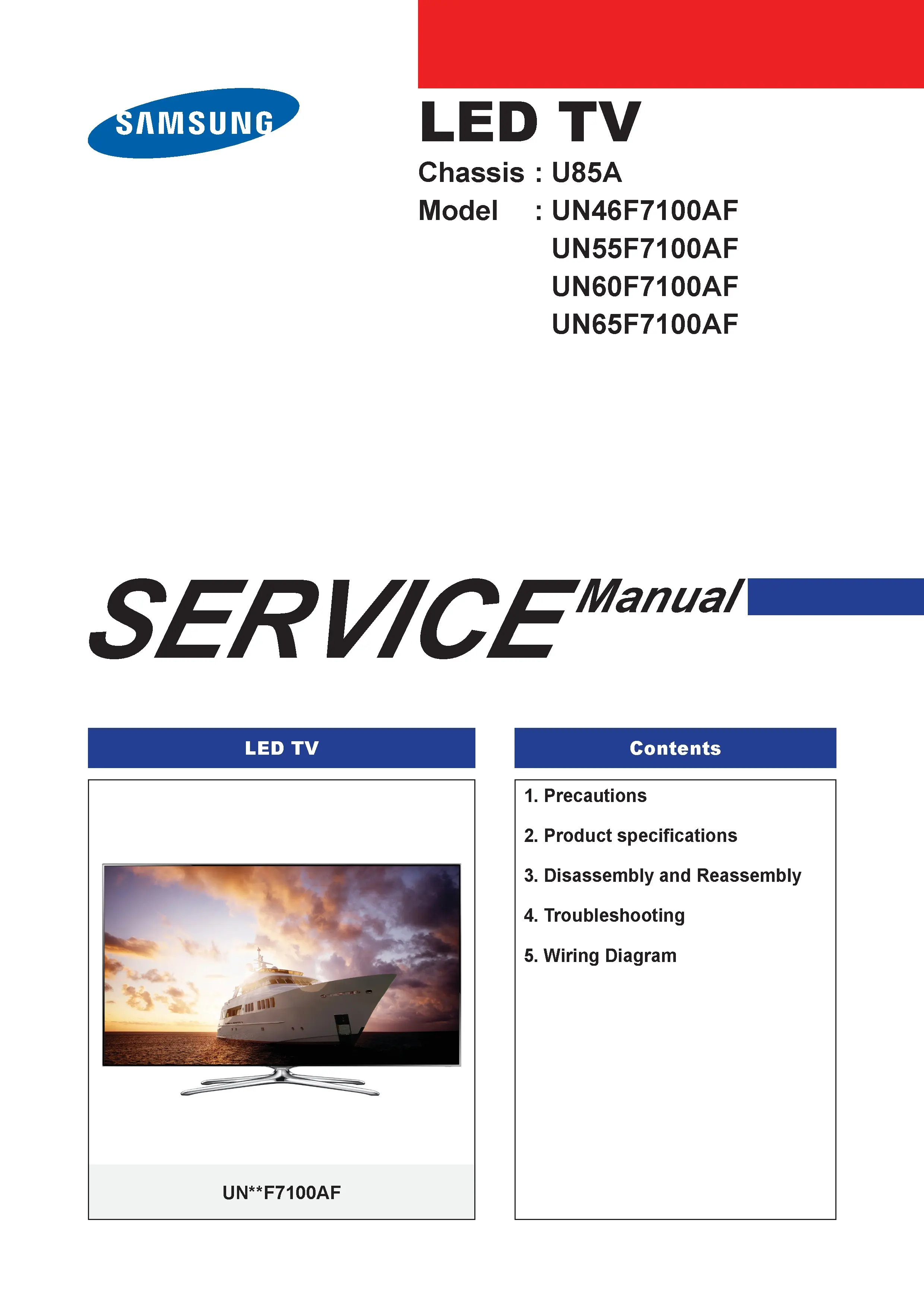 Samsung un60f7100 un60f7100af un60f7100afxza service manual cover with photo of the television, model type and code and manual contents